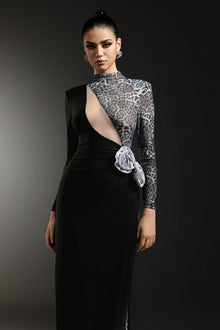 High-Neck Long-Sleeve Leopard Mesh Splicing Rhinestone Floral Appliqué Side Slit Dress