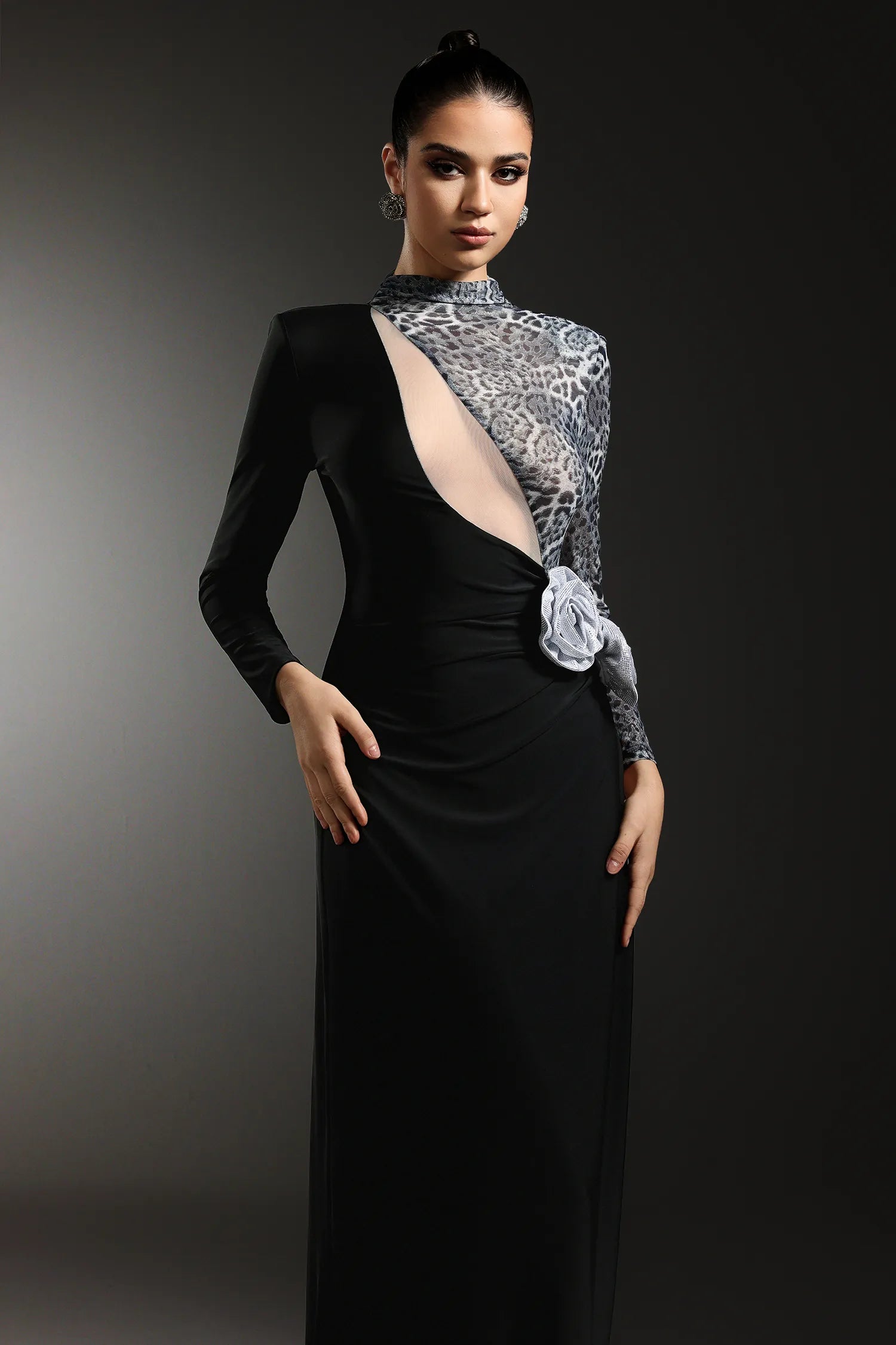 High-Neck Long-Sleeve Leopard Mesh Splicing Rhinestone Floral Appliqué Side Slit Dress