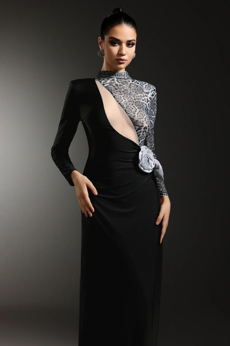 High-Neck Long-Sleeve Leopard Mesh Splicing Rhinestone Floral Appliqué Side Slit Dress