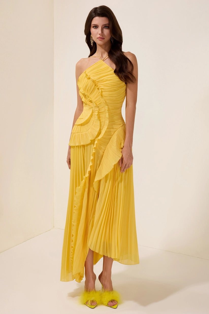 Double Tie Design Halter Spaghetti Strap  Ruched Asymmetrical Hem Dress