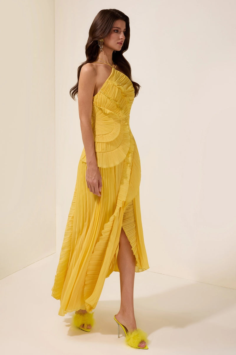 Double Tie Design Halter Spaghetti Strap  Ruched Asymmetrical Hem Dress