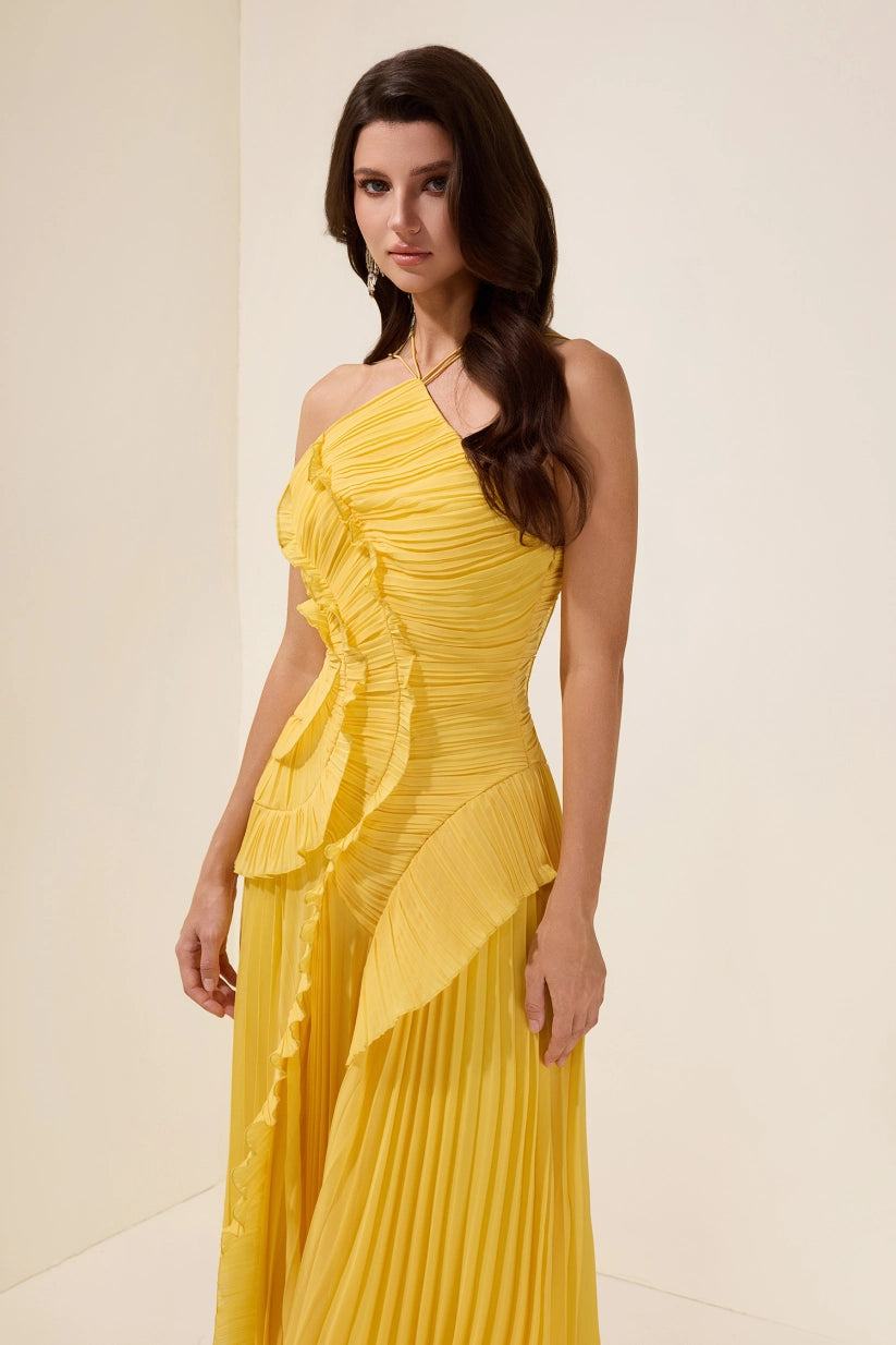 Double Tie Design Halter Spaghetti Strap  Ruched Asymmetrical Hem Dress