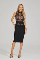 Lace Splicing Mid-High Crew-Neck Sleeveless Bodycon Dress