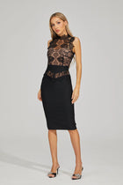 Lace Splicing Mid-High Crew-Neck Sleeveless Bodycon Dress