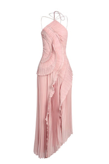 Double Tie Design Halter Spaghetti Strap  Ruched Asymmetrical Hem Dress
