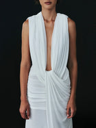 Plunge V-Neck Hooded with Draped Twist-Knot Waist Dress