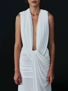 Plunge V-Neck Hooded with Draped Twist-Knot Waist Dress
