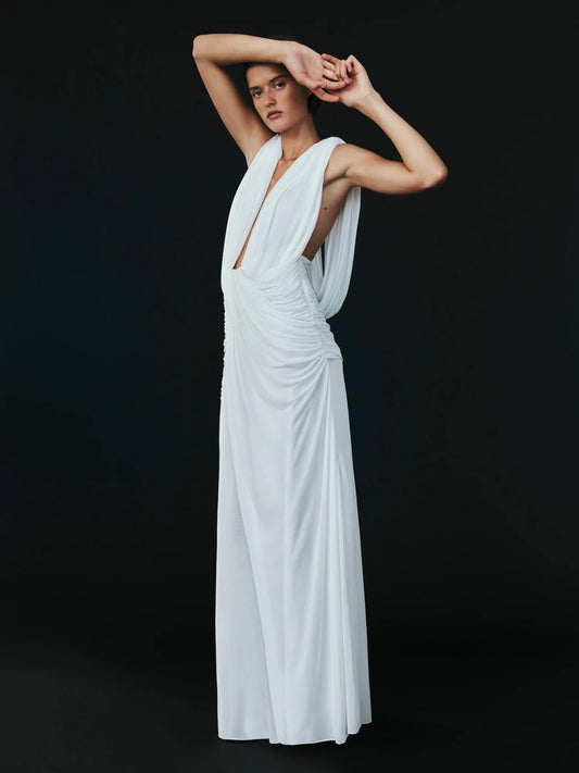 Plunge V-Neck Hooded with Draped Twist-Knot Waist Dress