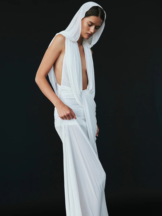 Plunge V-Neck Hooded with Draped Twist-Knot Waist Dress