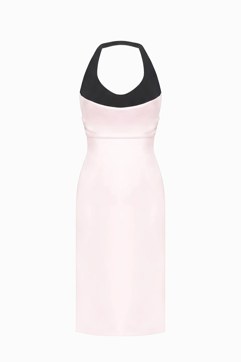 Halter Black-and-Pink Paneled Satin Midi Dress
