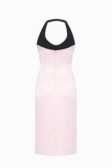 Halter Black-and-Pink Paneled Satin Midi Dress