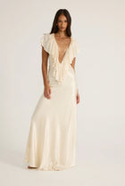 Deep-V Sleeveless Ruffle-Front Satin Maxi Dress
