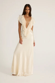 Deep-V Sleeveless Ruffle-Front Satin Maxi Dress