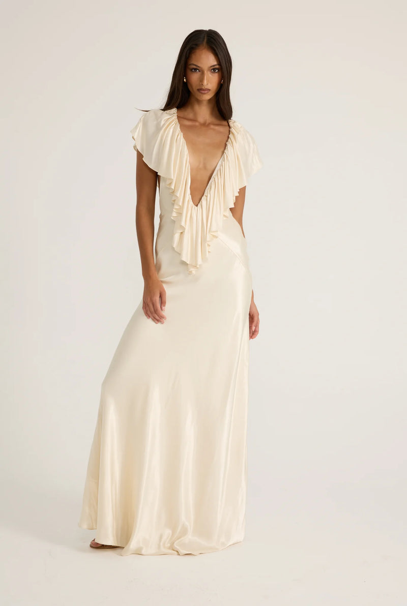 Deep-V Sleeveless Ruffle-Front Satin Maxi Dress