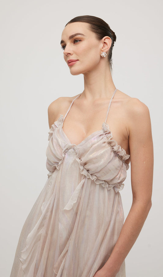 Halter Tulle Pleated Midi Dress