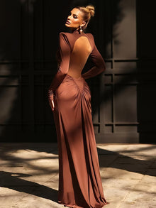 High-Neck  Waist Cut-Out  Ruched Maxi Dress