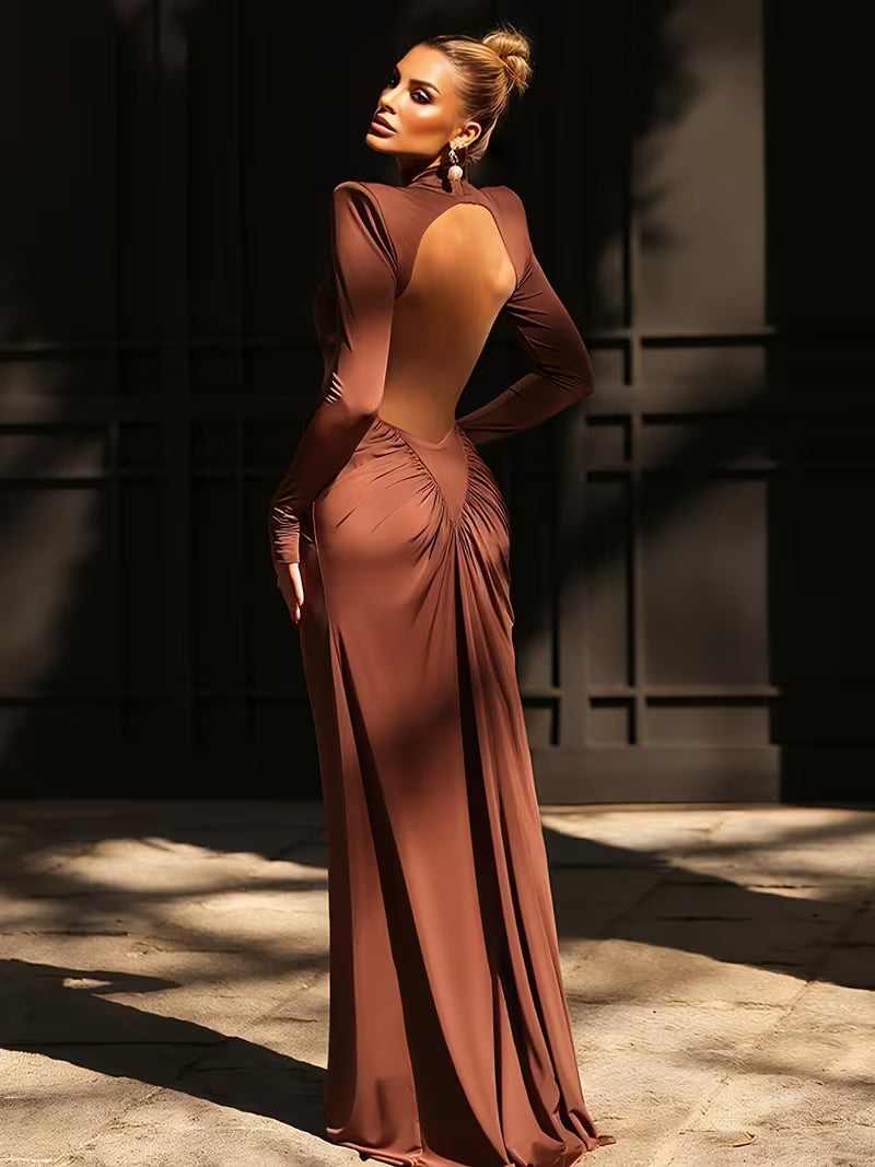 High-Neck  Waist Cut-Out  Ruched Maxi Dress