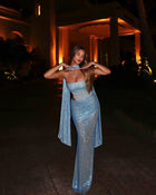 Scarf-Style Bandeau Mesh Rhinestone Waist Cut-Out Dress