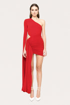 Asymmetric One-Shoulder Waist-Cutout Ruched Draped Mini Dress
