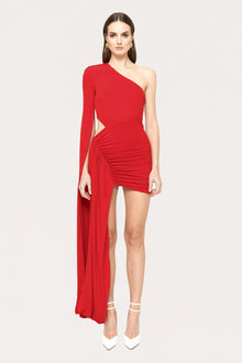Asymmetric One-Shoulder Waist-Cutout Ruched Draped Mini Dress