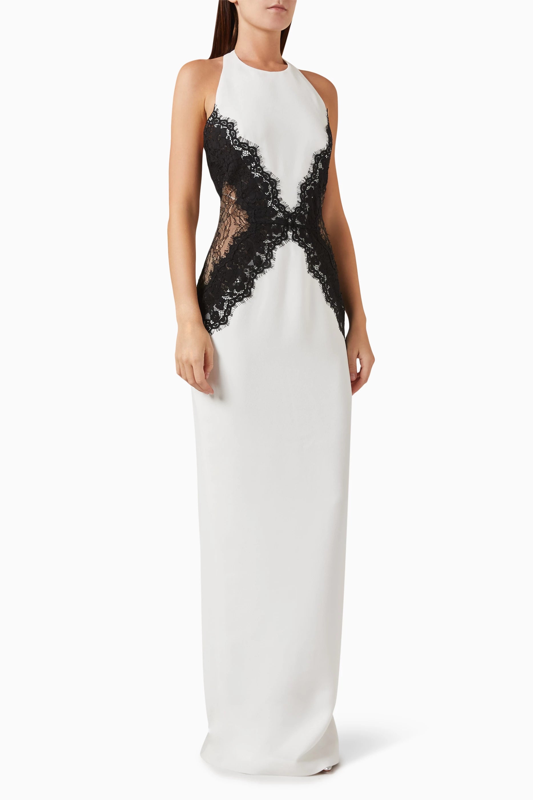 Crew-Neck Halter Backless Lace-Splicing Waist Side-Slit Dress