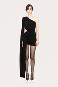 Asymmetric One-Shoulder Waist-Cutout Ruched Draped Mini Balck Dress