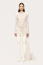 Crew-Neck Rhinestone-Embellished Guipure Lace Long-Sleeve Dress