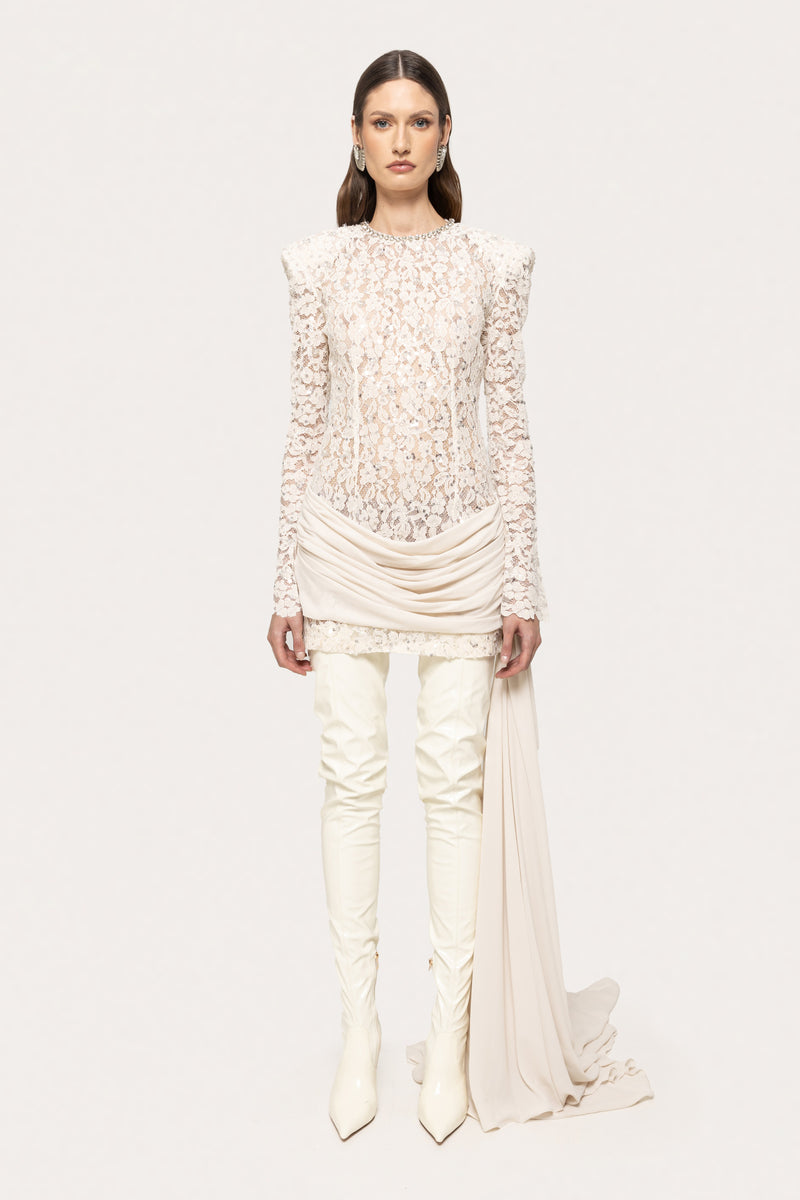 Crew-Neck Rhinestone-Embellished Guipure Lace Long-Sleeve Dress
