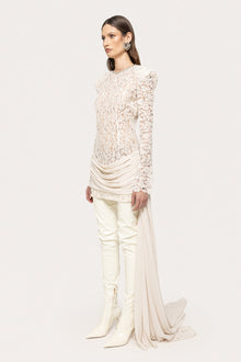 Crew-Neck Rhinestone-Embellished Guipure Lace Long-Sleeve Dress