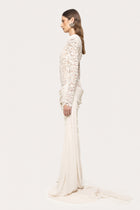 Crew-Neck Rhinestone-Embellished Guipure Lace Long-Sleeve Dress