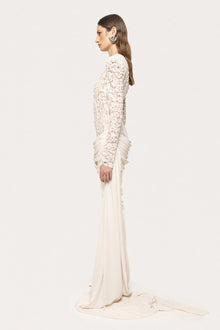 Crew-Neck Rhinestone-Embellished Guipure Lace Long-Sleeve Dress