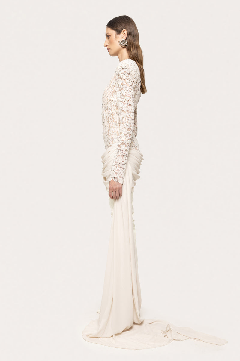 Crew-Neck Rhinestone-Embellished Guipure Lace Long-Sleeve Dress