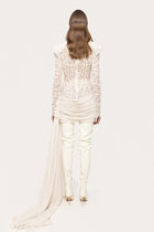 Crew-Neck Rhinestone-Embellished Guipure Lace Long-Sleeve Dress
