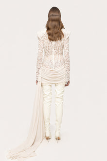 Crew-Neck Rhinestone-Embellished Guipure Lace Long-Sleeve Dress