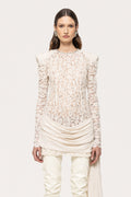 Crew-Neck Rhinestone-Embellished Guipure Lace Long-Sleeve Dress
