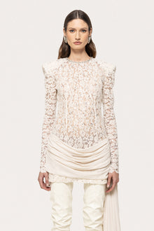 Crew-Neck Rhinestone-Embellished Guipure Lace Long-Sleeve Dress