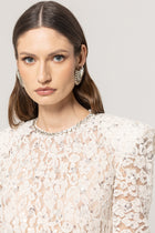 Crew-Neck Rhinestone-Embellished Guipure Lace Long-Sleeve Dress