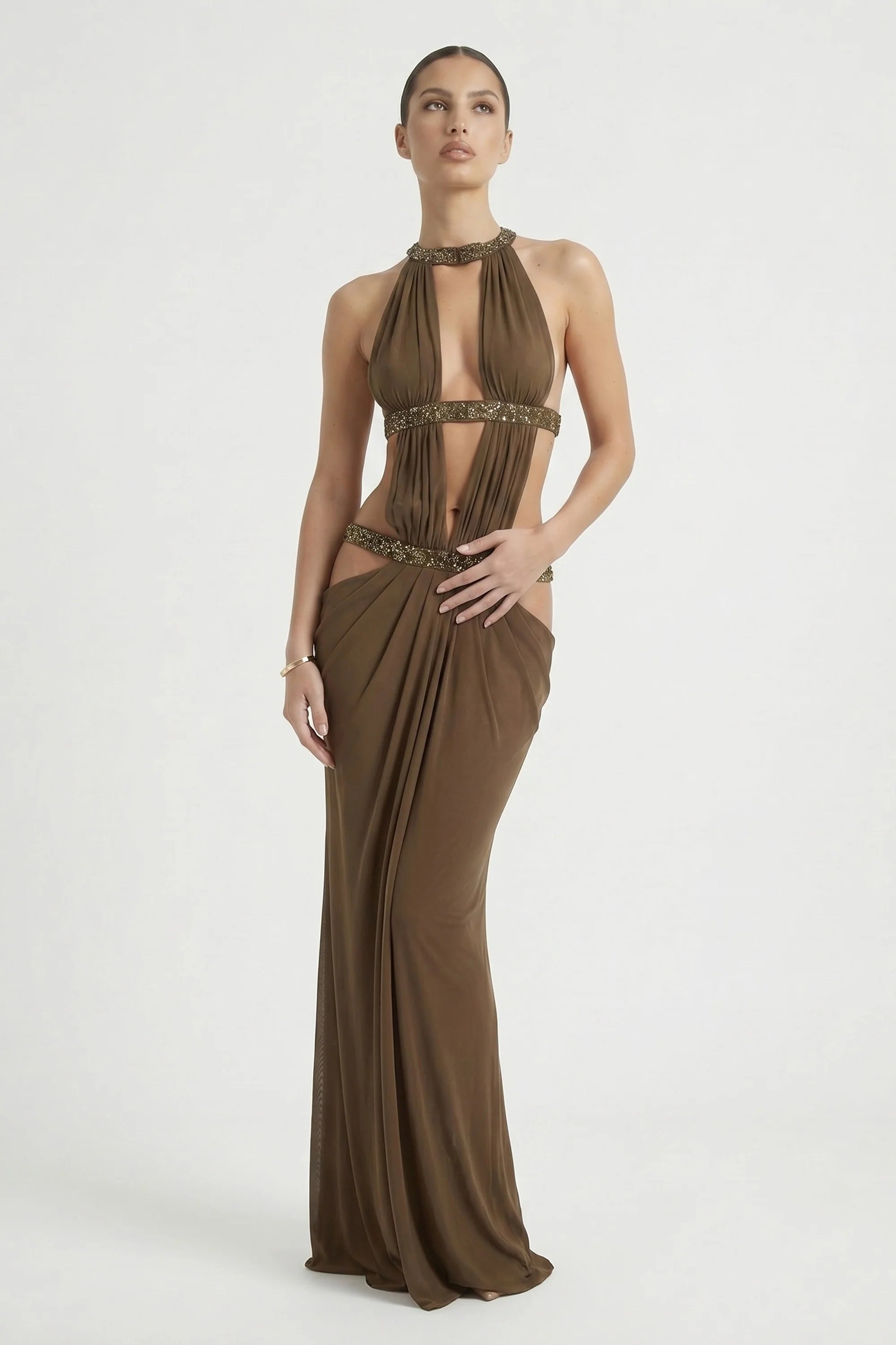 Crew-Neck Sleeveless Cutout Ruched Backless Dress