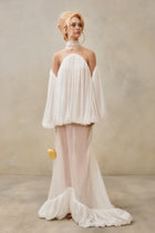 Mesh-Panel High-Neck Draped Double-Layer Dress