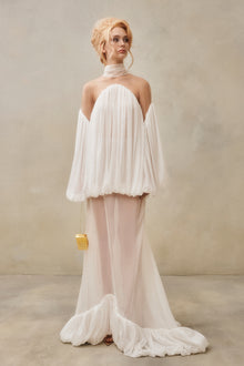 Mesh-Panel High-Neck Draped Double-Layer Dress