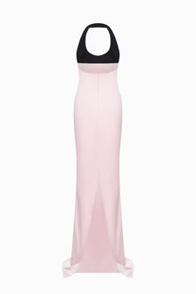 Halter Black-and-Pink Paneled Satin Maxi Dress