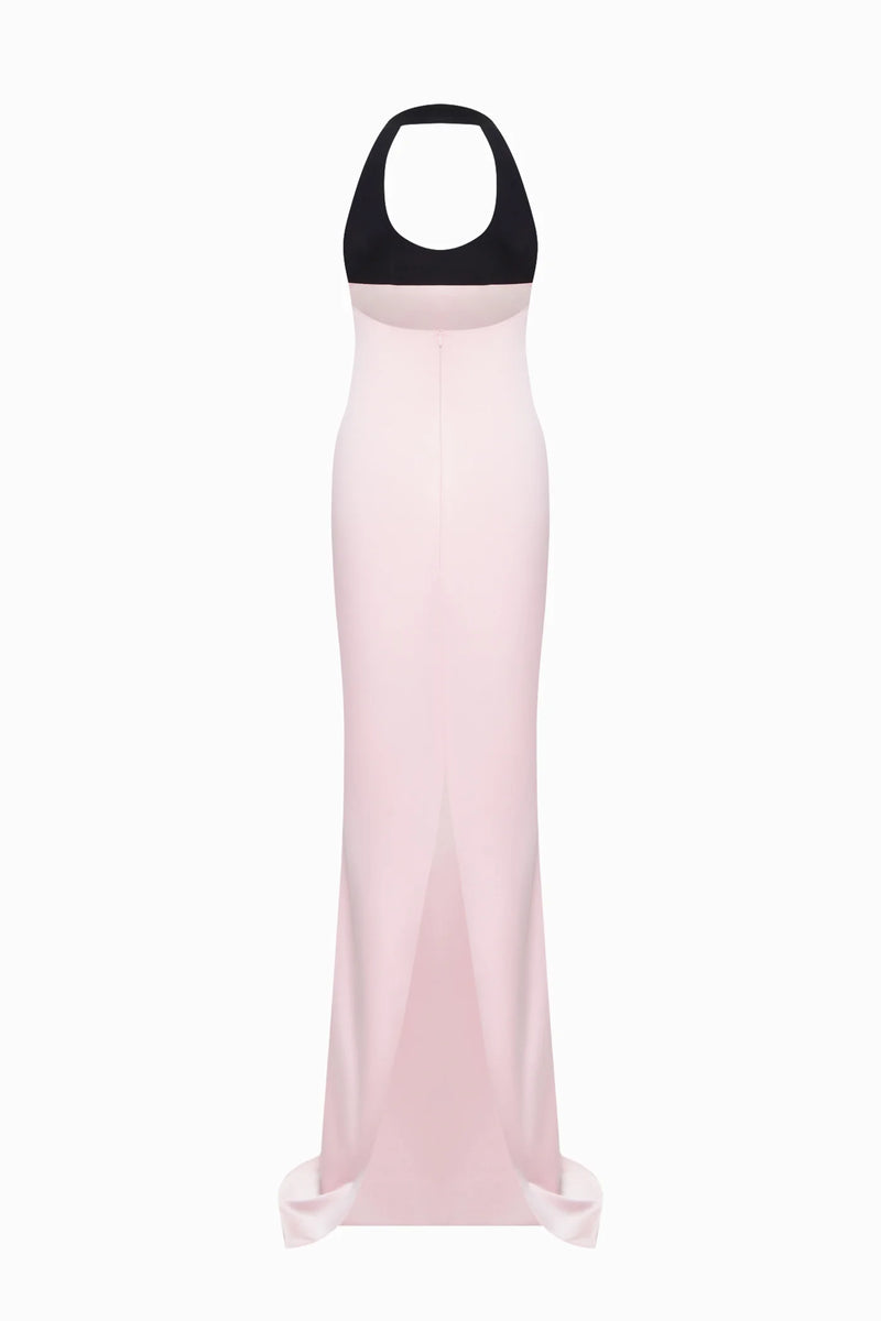 Halter Black-and-Pink Paneled Satin Maxi Dress