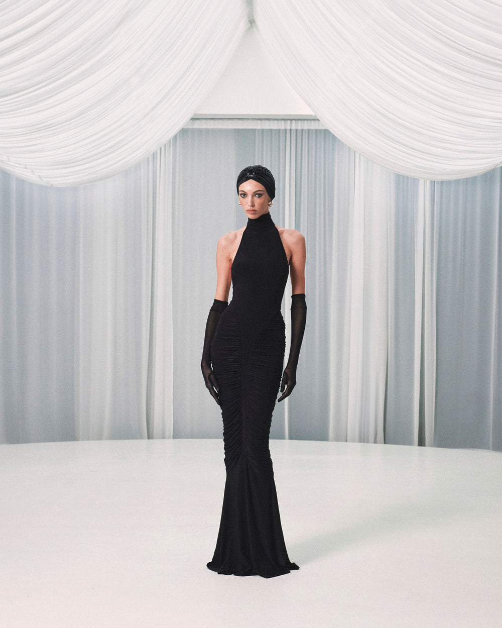 High-Neck Sleeveless Backless Ruched Black Maxi Dress