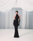 High-Neck Sleeveless Backless Ruched Black Maxi Dress