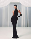 High-Neck Sleeveless Backless Ruched Black Maxi Dress