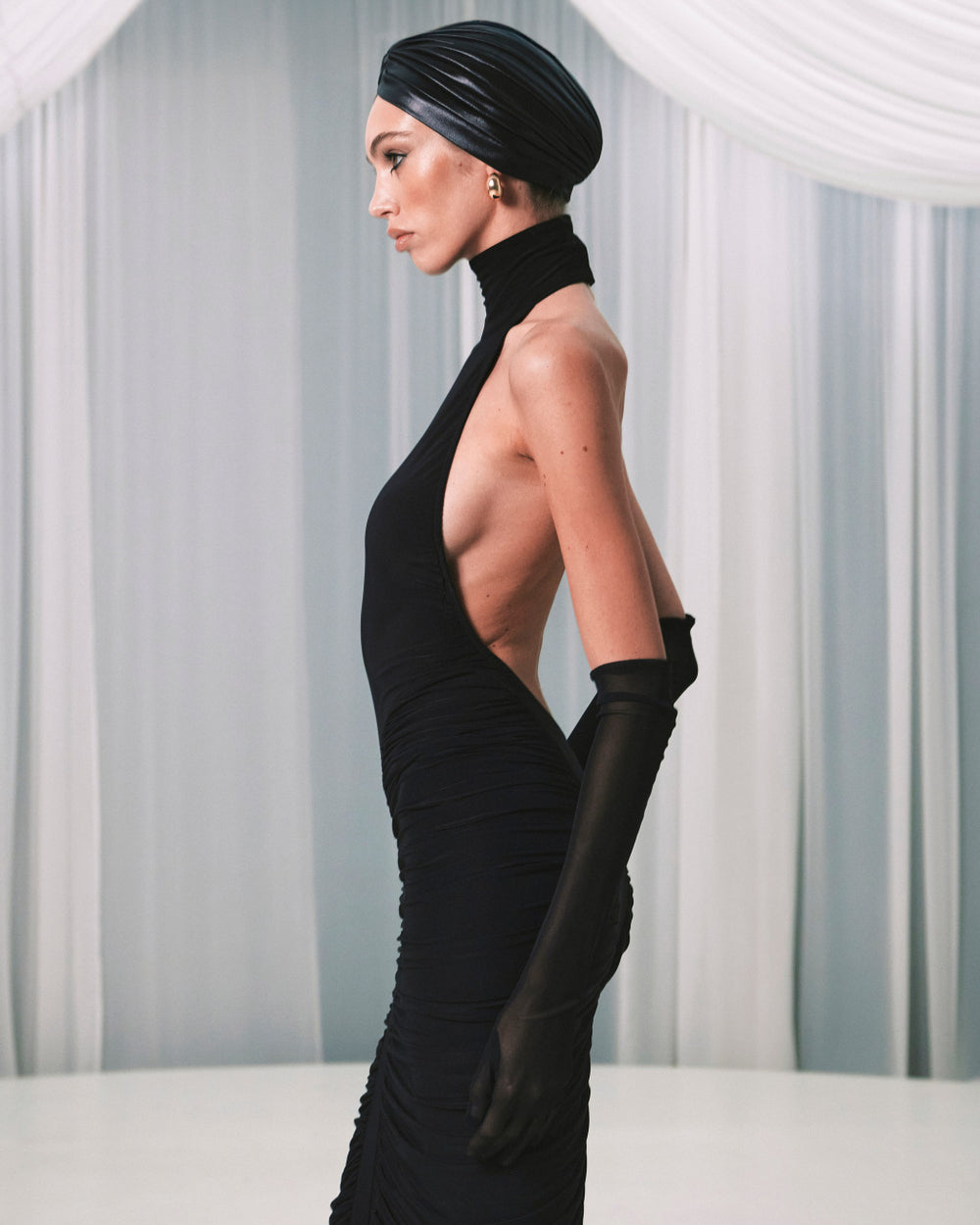 High-Neck Sleeveless Backless Ruched Black Maxi Dress