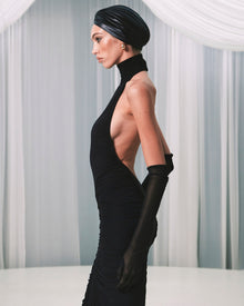 High-Neck Sleeveless Backless Ruched Black Maxi Dress