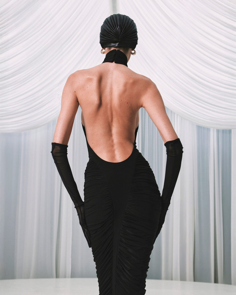 High-Neck Sleeveless Backless Ruched Black Maxi Dress