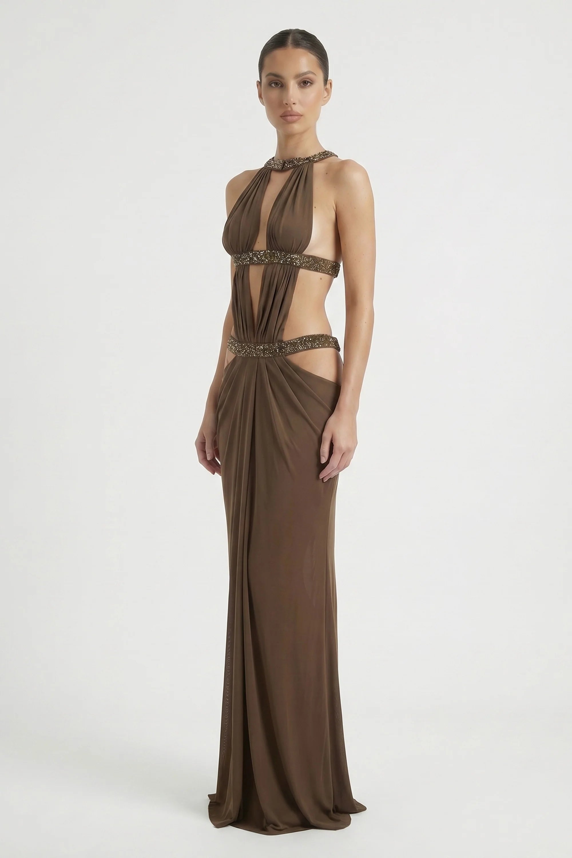 Crew-Neck Sleeveless Cutout Ruched Backless Dress