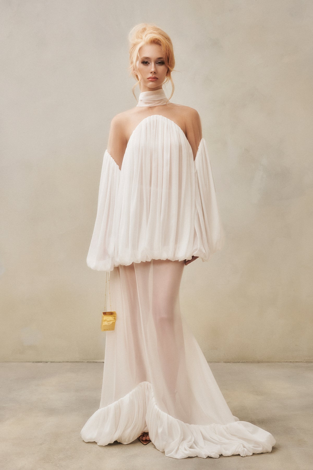 Mesh-Panel High-Neck Draped Double-Layer Dress